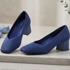 BURUDANI Low Chunky Block Heel Square Toe Knit Blue Pump Shoes Sz 8.5